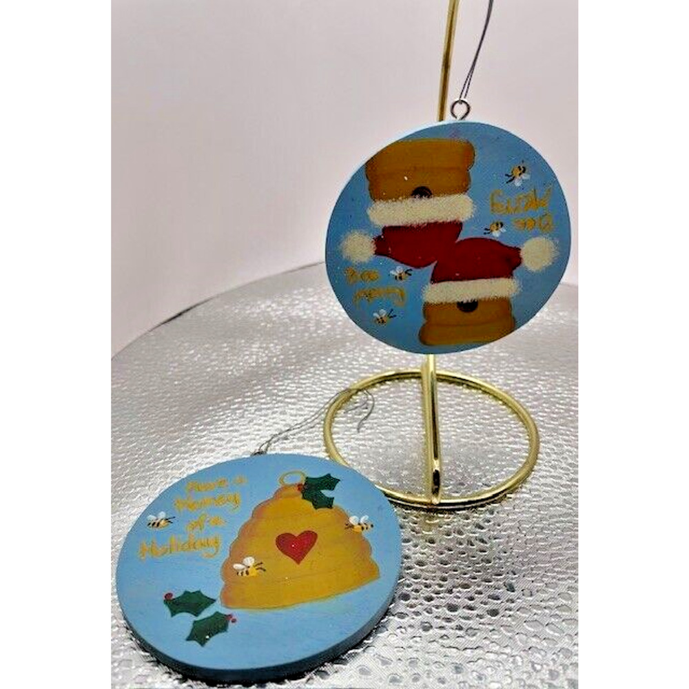 Vintage Christmas Bee Hive Wooden Ornaments Handcrafted & Signed Frogs Set of 2 - Picture 2 of 6